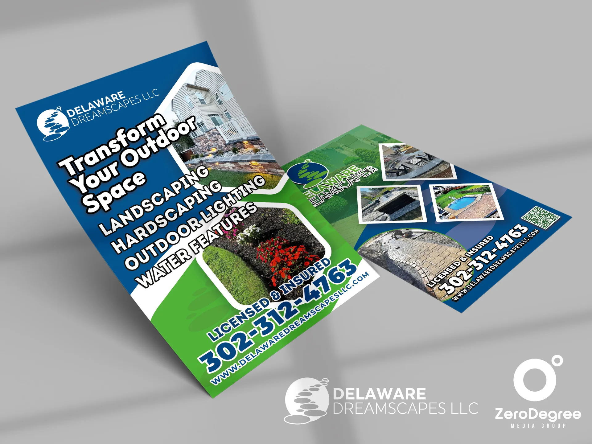 Marketing flyer mockup for Dreamscapes Landscaping in Delaware
