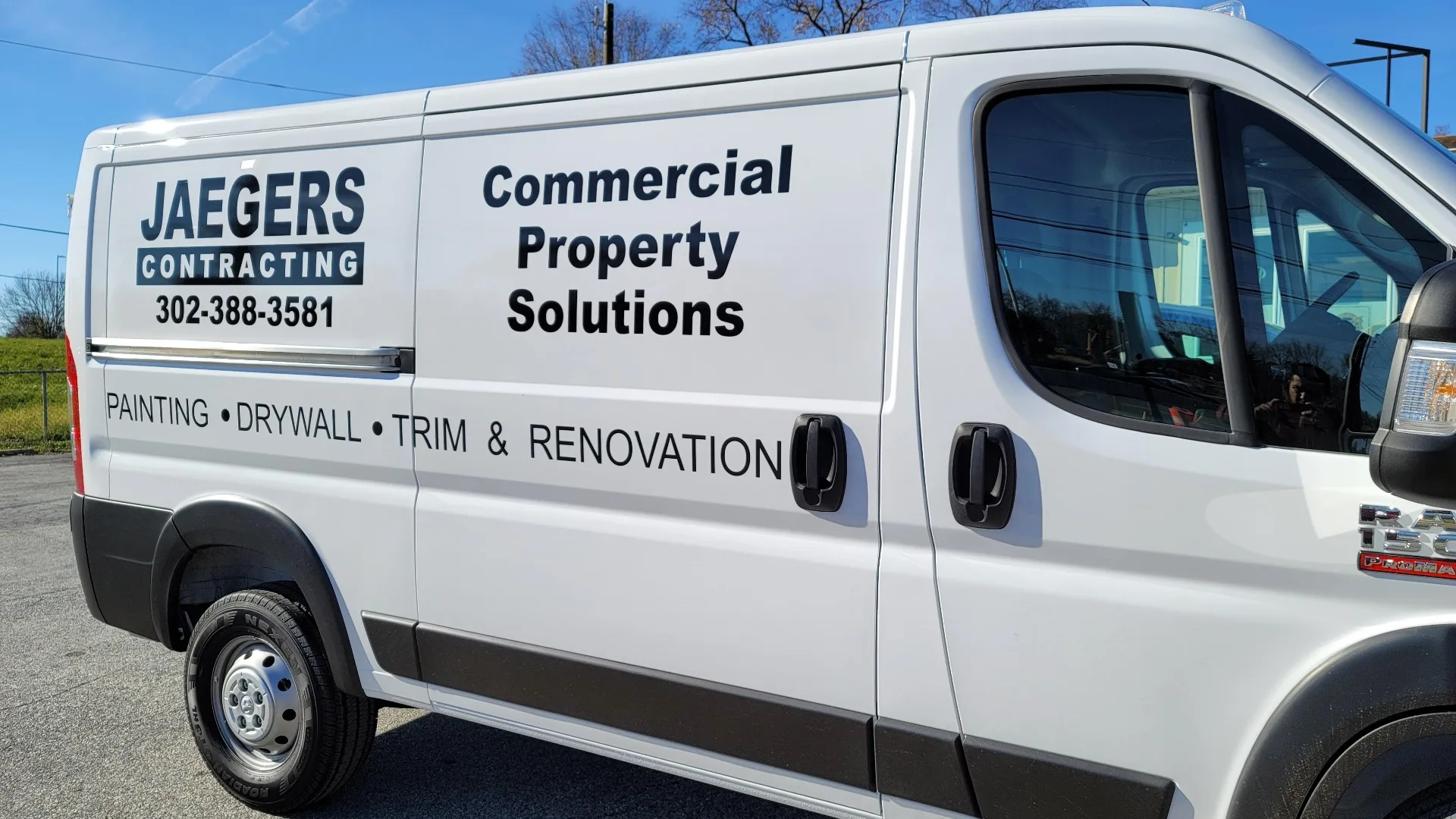 Professional van lettering for Jaegers Contracting in northern Delaware