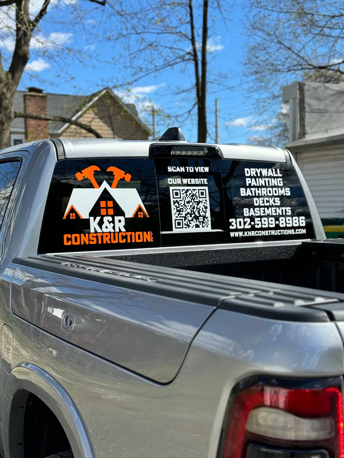 Rear window graphics for KNR Construction in Delaware