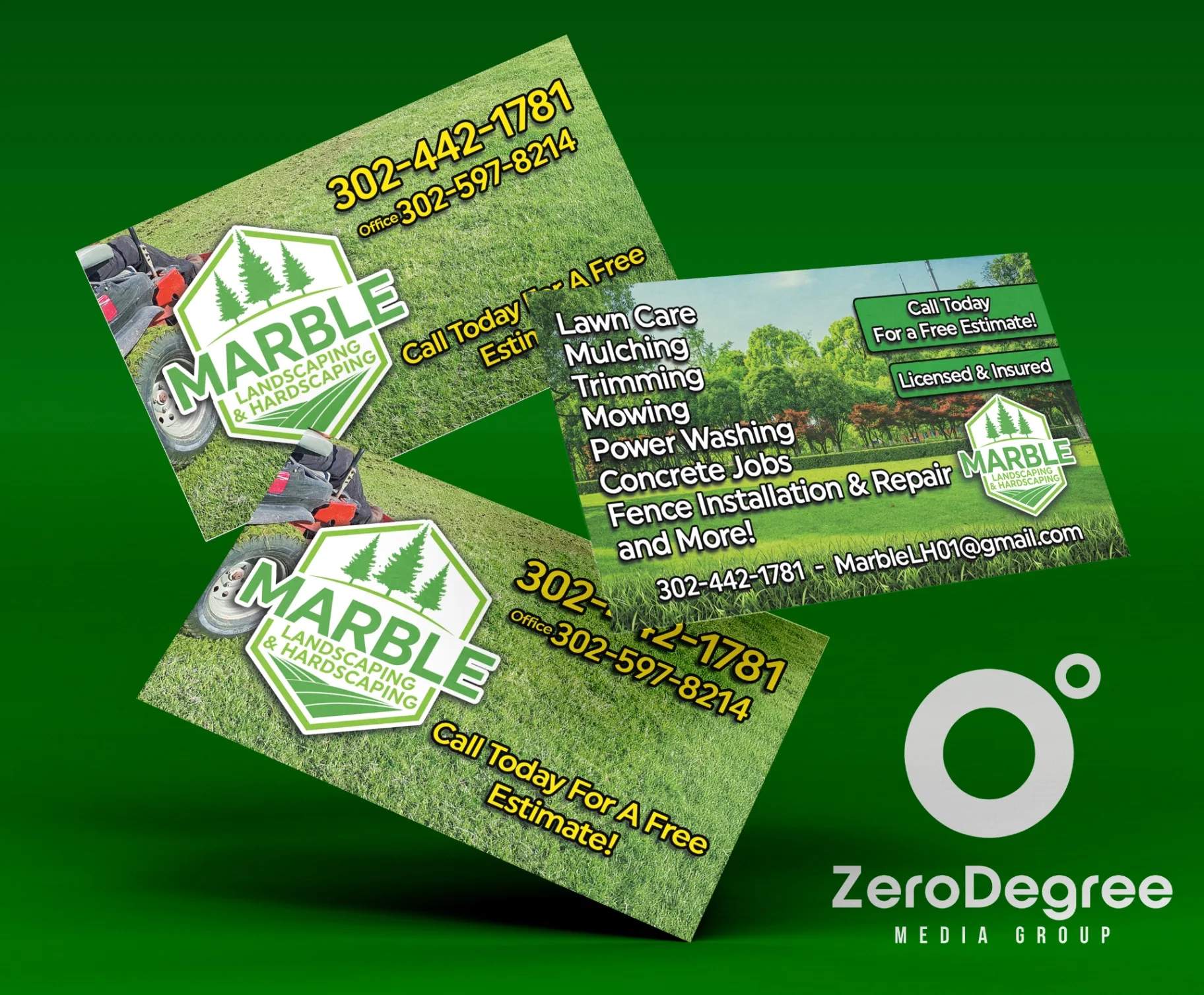 Business card mockup for Marble Landscaping in Delaware