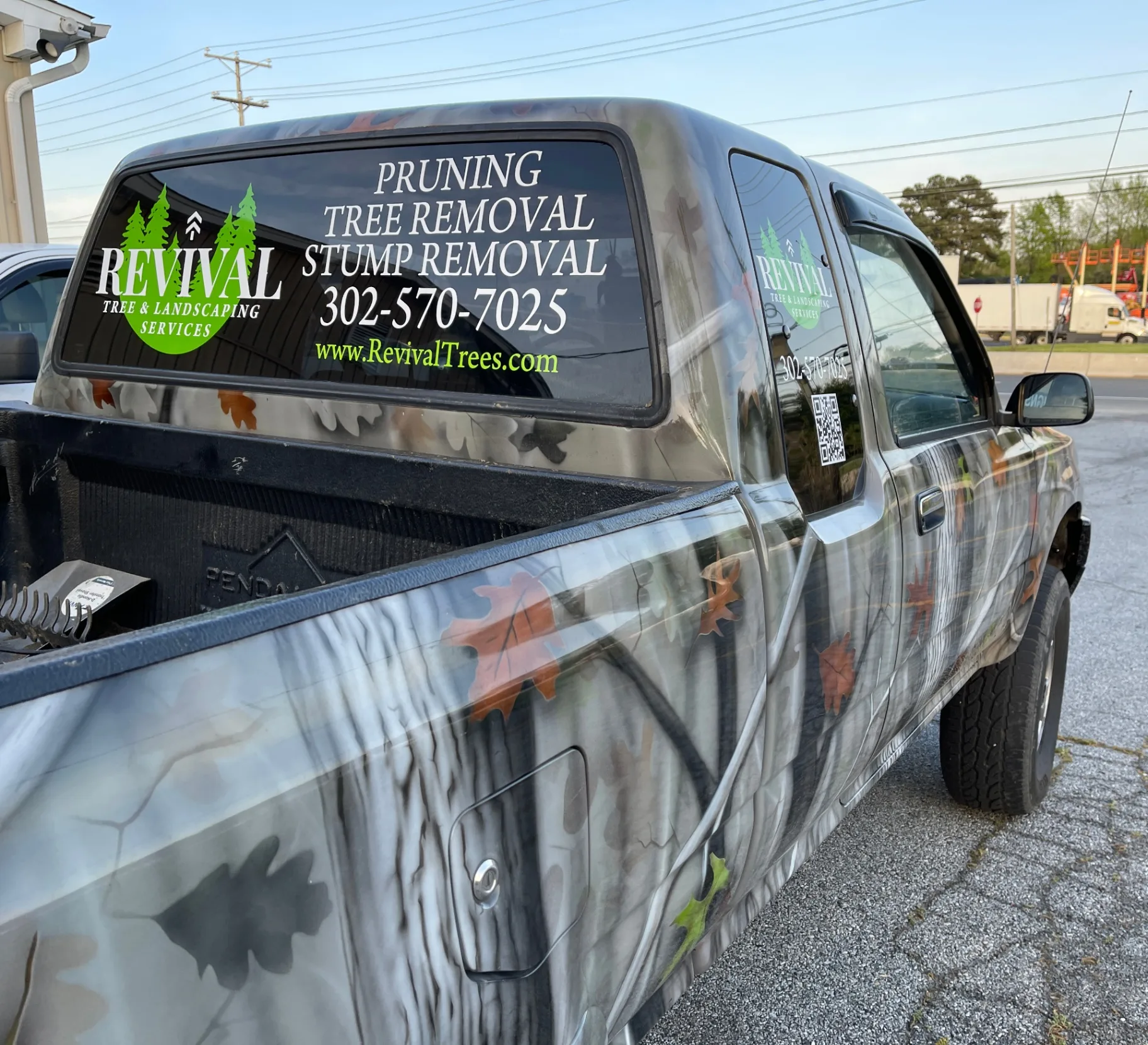 Storefront window graphic for Revival Tree Service in Delaware