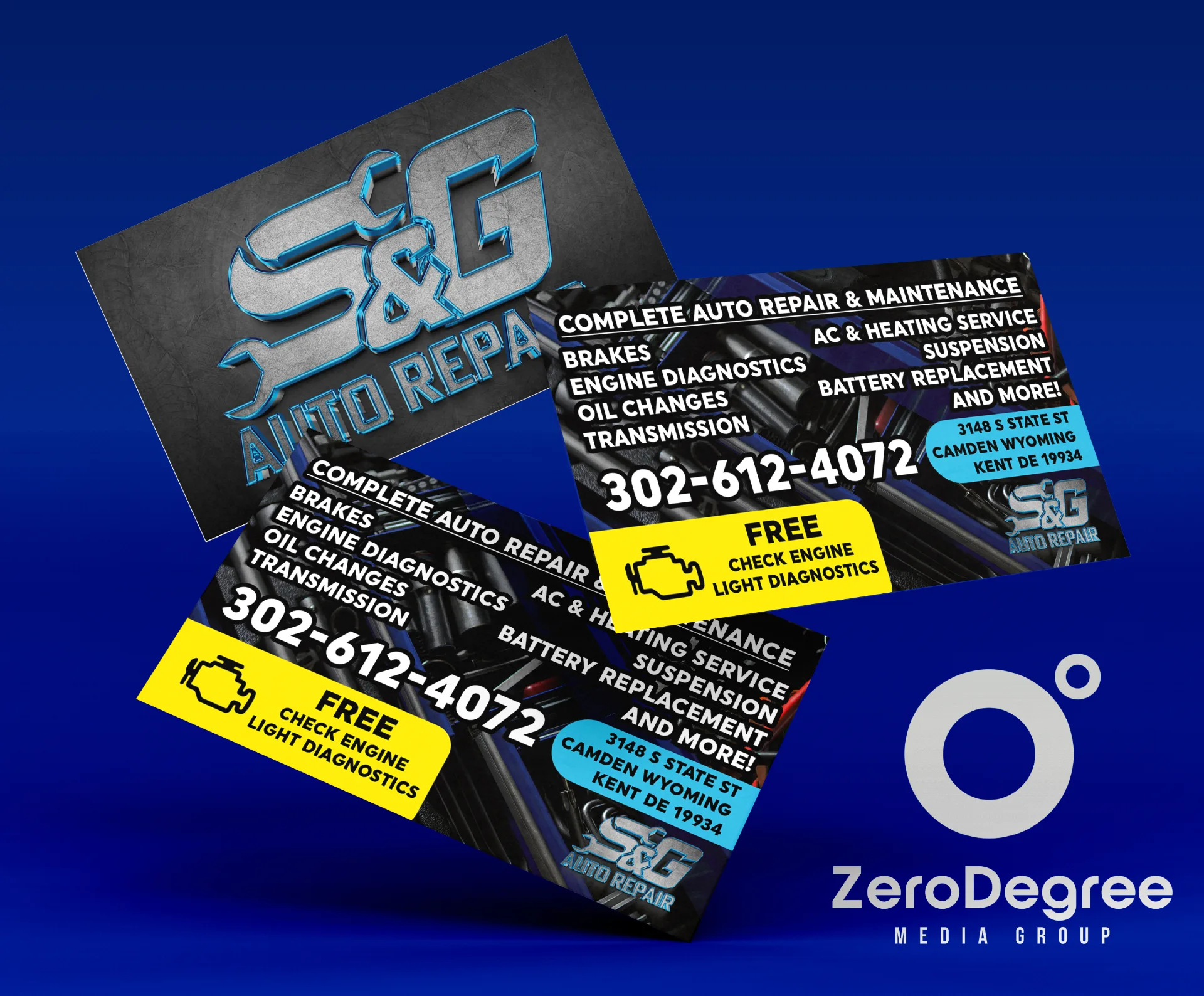 Custom business cards for SG Auto Repair in northern Delaware